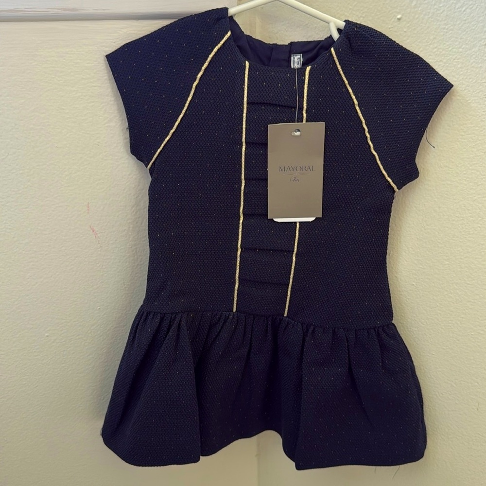 Mayoral chic 24M navy and gold dress with zipper back posh holiday party